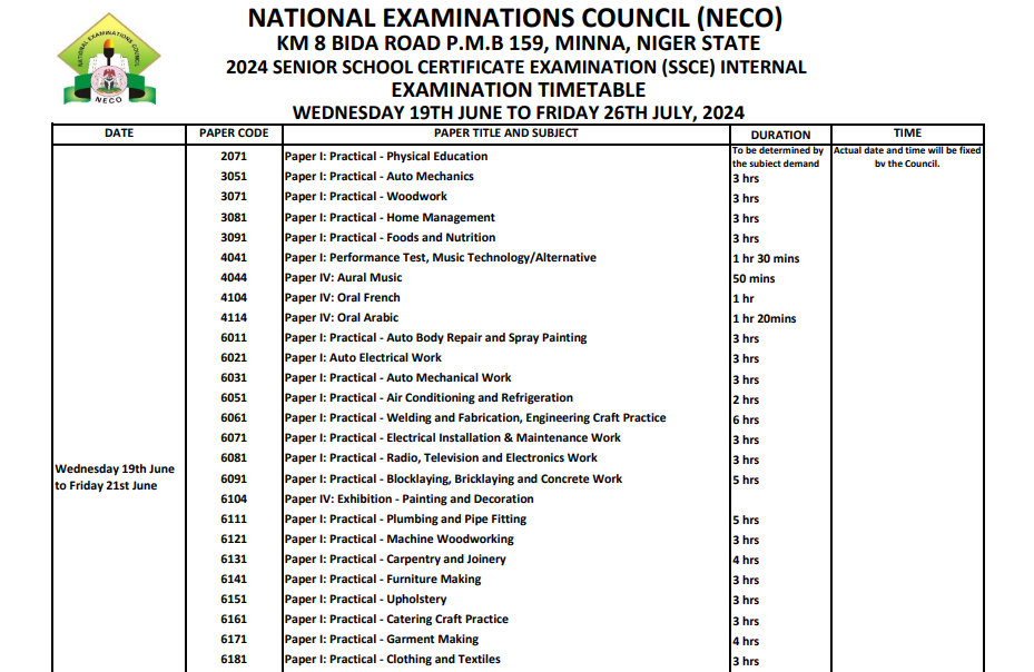 NECO timetable 2024