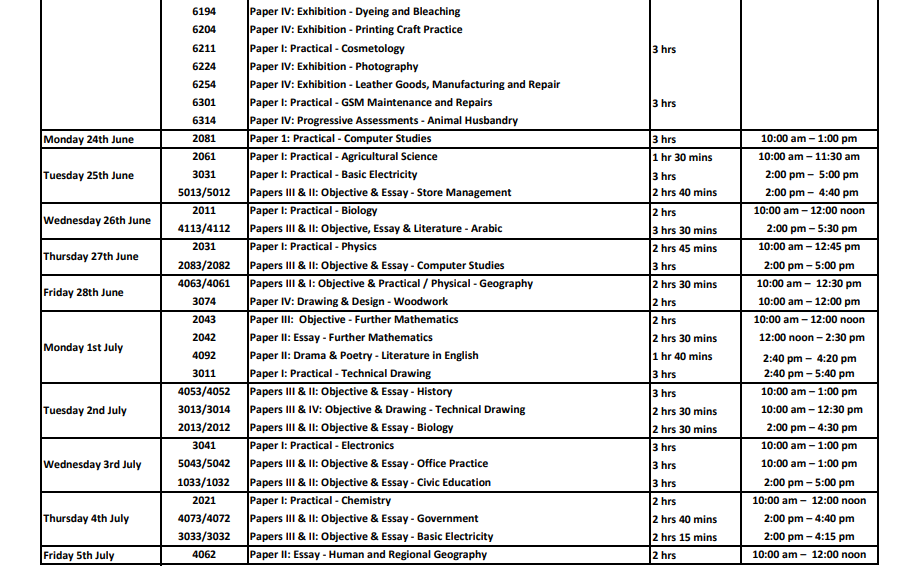 Image View of NECO Timetable 2024